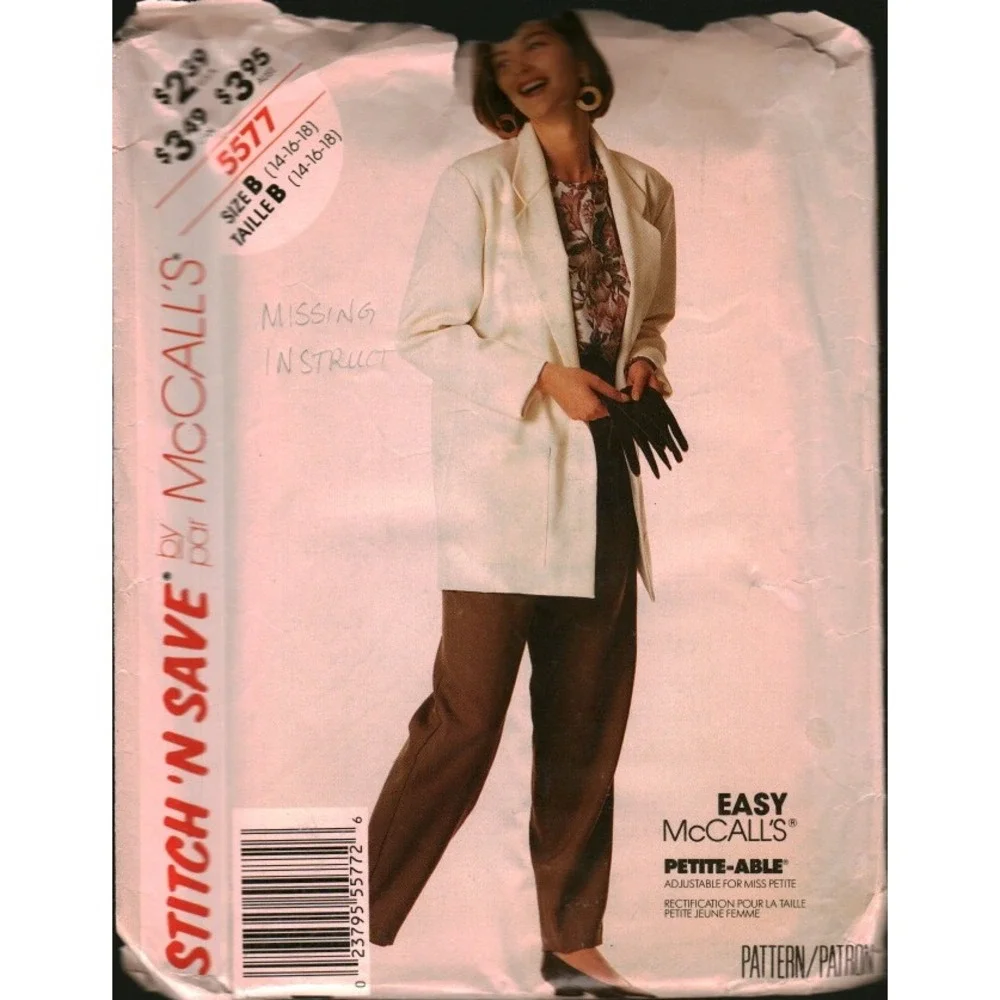 McCalls 5577 Sewing Pattern Misses Jacket‎ Pants Size B 14 16 18 Stitch N Save